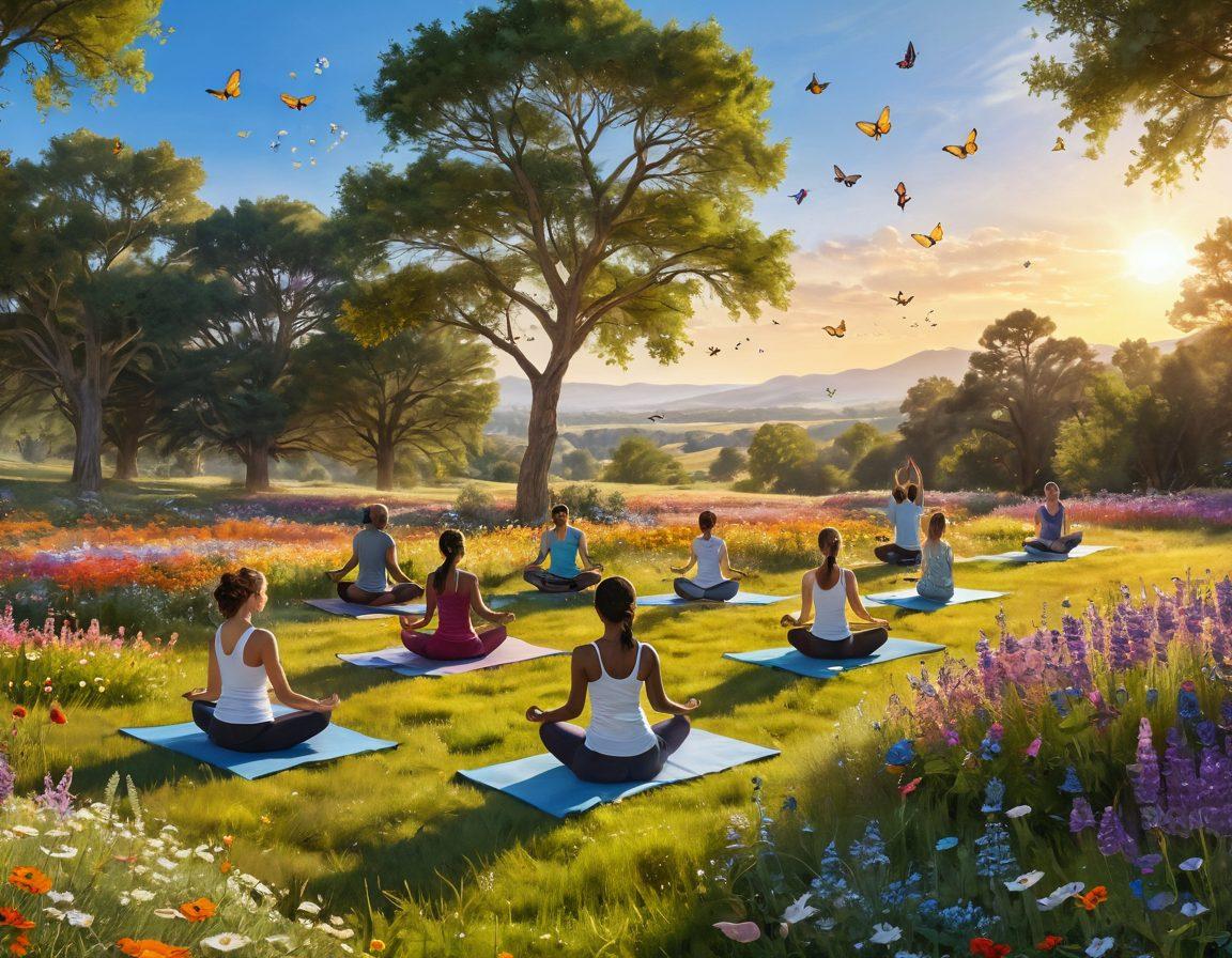 A serene landscape bathed in warm sunlight, featuring a vibrant field of wildflowers and a group of diverse people practicing yoga in harmony. Whimsical butterflies and cheerful birds soar overhead, symbolizing joy and uplifting energy. Soft, glowing orbs of light scattered around, representing positive vibes and well-being. The overall ambiance is filled with happiness and tranquility. super-realistic. vibrant colors. sunny backdrop.