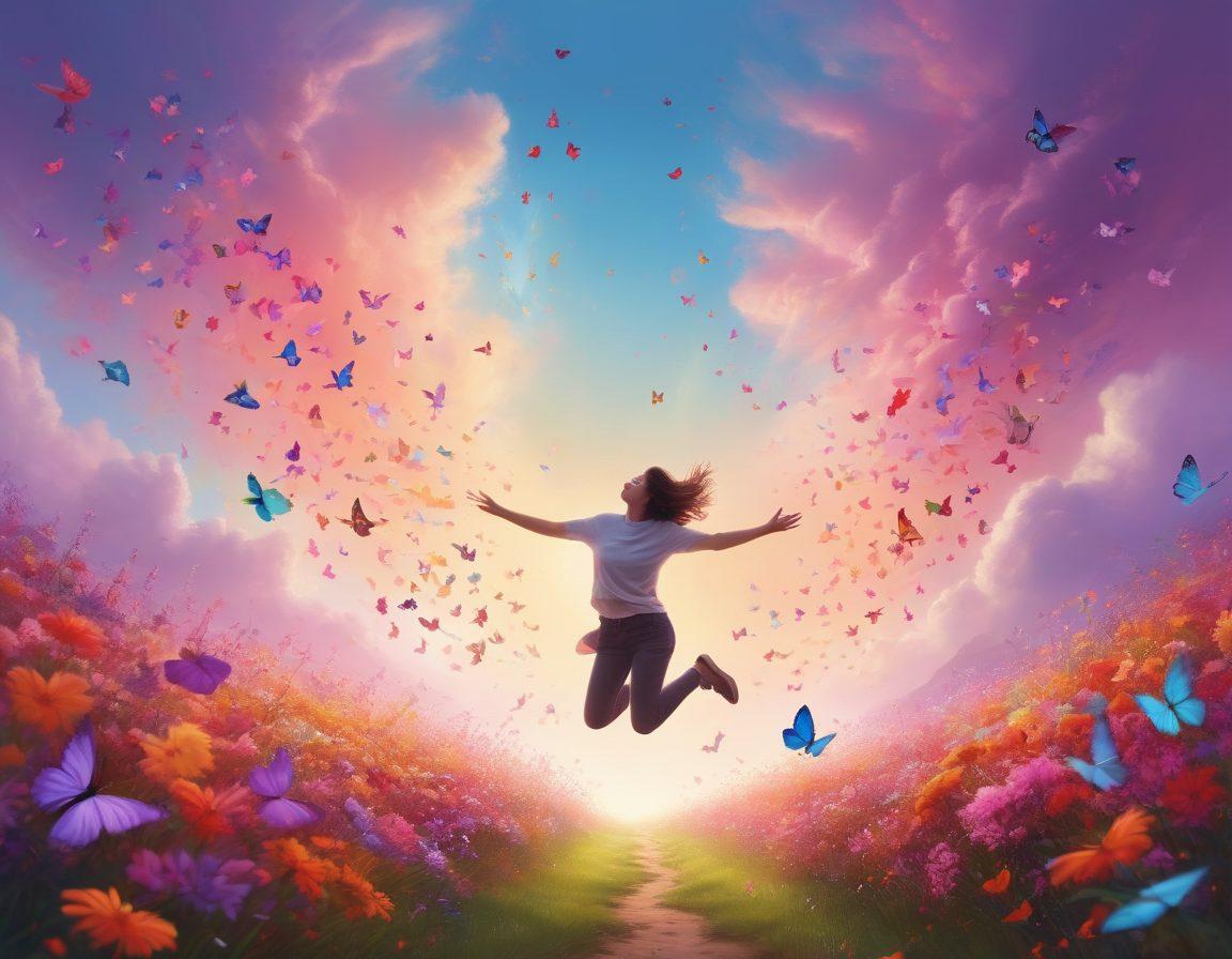 A serene landscape transitioning into a vibrant, euphoric scene, showcasing a person joyfully leaping with colorful butterflies around them, symbolizing transformation. The background gradients from soft pastel tones to bright, energetic colors, capturing the essence of contentment evolving into euphoria. Include elements like blooming flowers and sparkling light effects to enhance the feeling of delight. surrealism. vibrant colors. dynamic composition.
