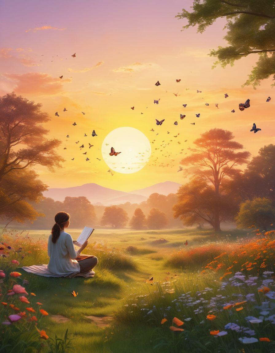 A serene landscape featuring a sunrise over a peaceful meadow, with a diverse group of people engaging in joyful habits like meditating, journaling, and gardening. Soft, warm colors evoke a sense of happiness and tranquility, with butterflies dancing around and birds chirping in the background. The scene should inspire feelings of hope and positivity. super-realistic. vibrant colors. sunrise backdrop.